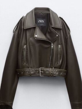 Zara Olive Green Faux Leather Cropped Biker Jacket